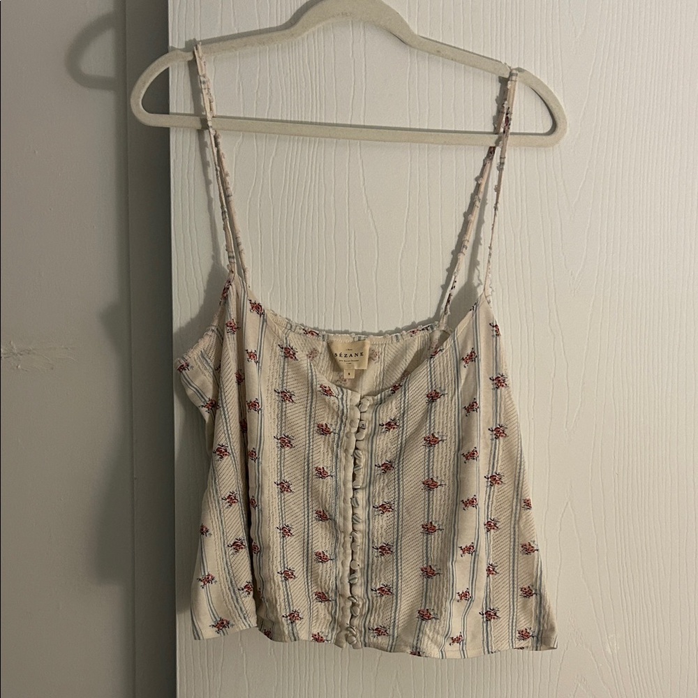 Sezane Cream Floral Striped Camisole with Red Flowers